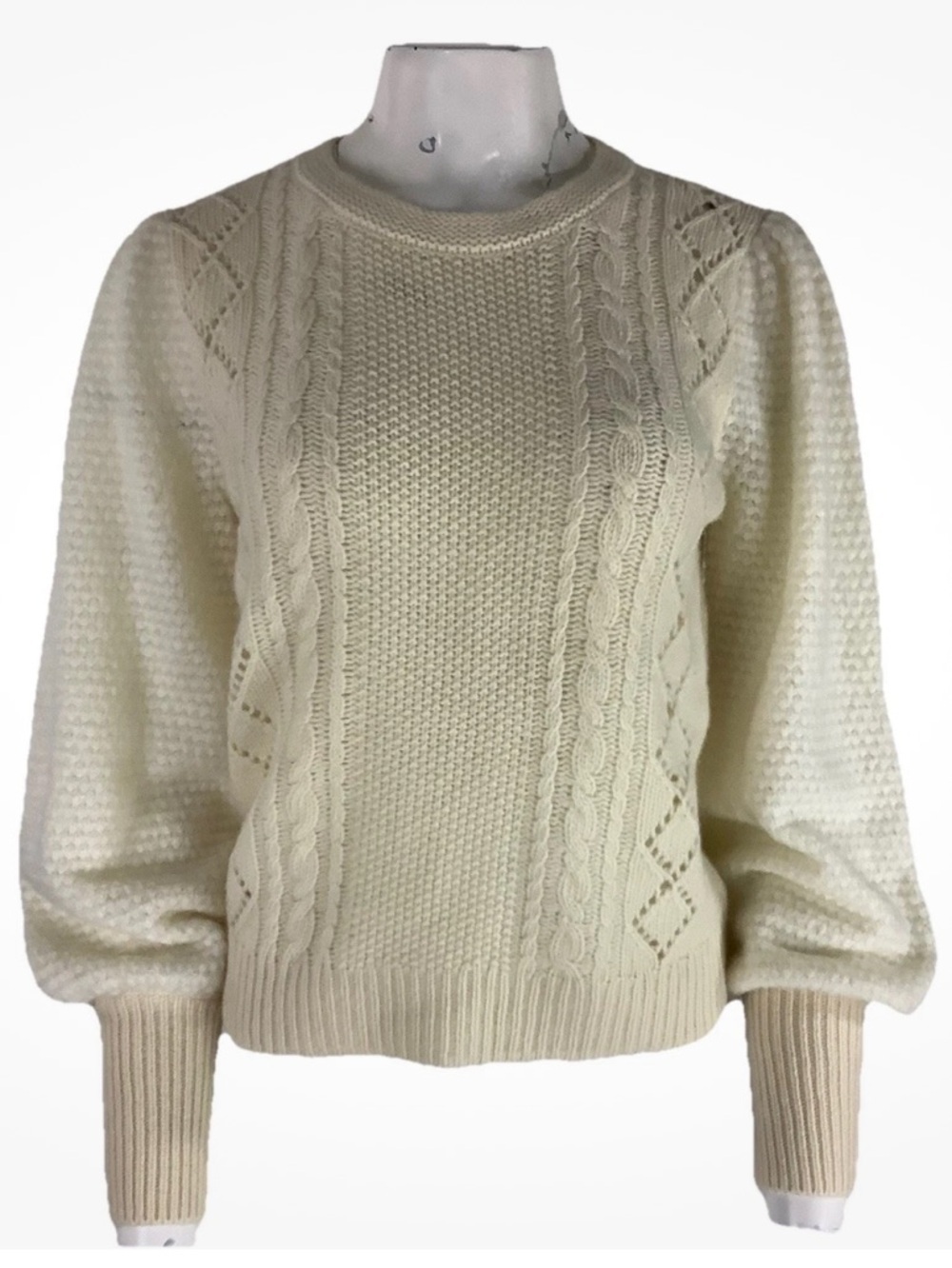 By Anthropologie Sz S 100% Lambswool Puff Sleeve Diamond Knit Sweater Cream